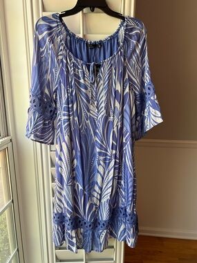 Macy's Blue & White Printed Peasant Mini Dress